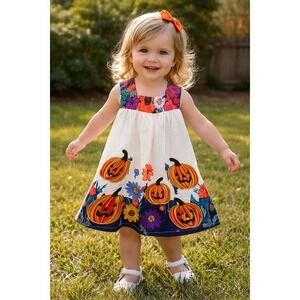 Mini Taylor Toddler Girls Halloween Pumpkin Dress Fall Floral Applique  SZ‎ 2-3